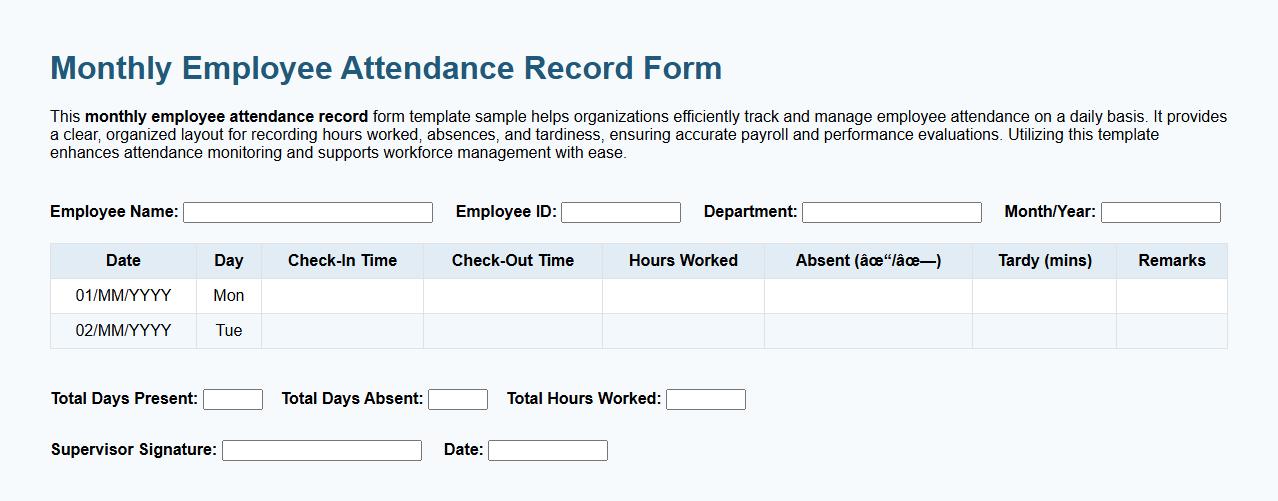 Monthly employee attendance record form template sample image preview