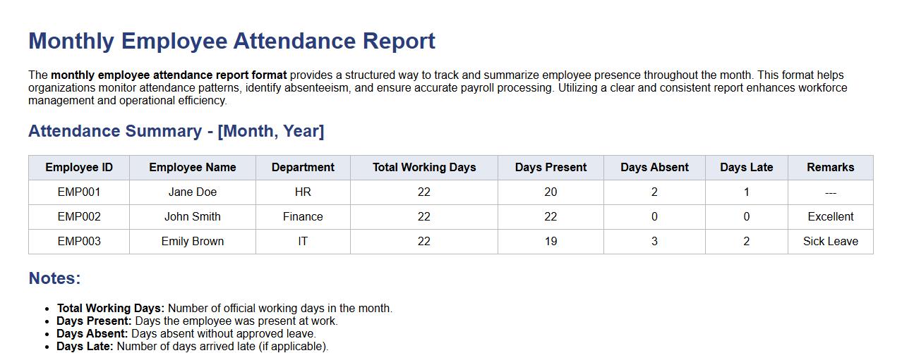 monthly employee attendance report format image preview