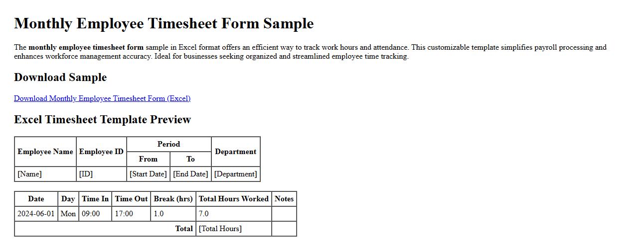 Monthly employee timesheet form sample in Excel format image preview