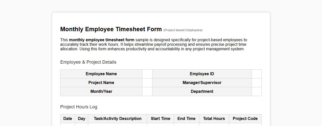 Monthly employee timesheet form sample for project-based employees image preview