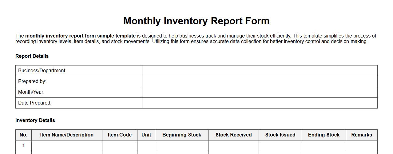 monthly inventory report form sample template image preview