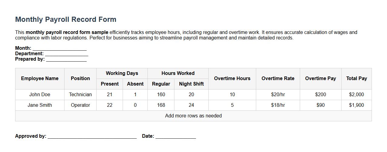 monthly payroll record form sample with overtime image preview