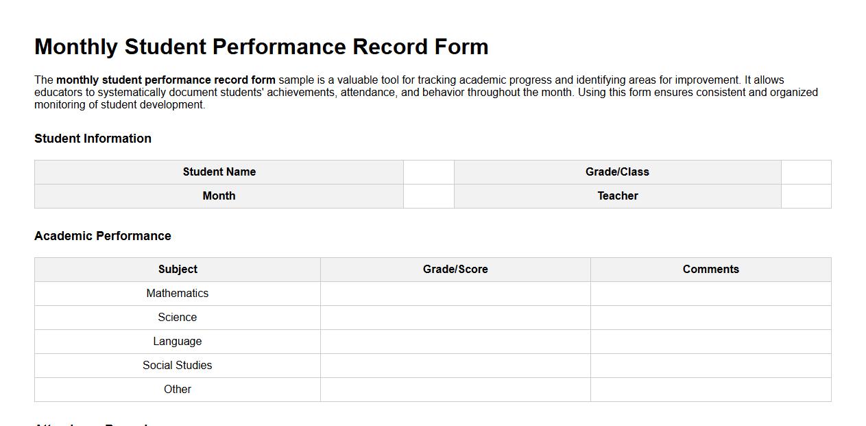 Monthly student performance record form sample image preview