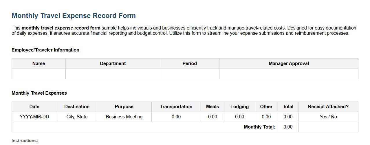 monthly travel expense record form sample image preview