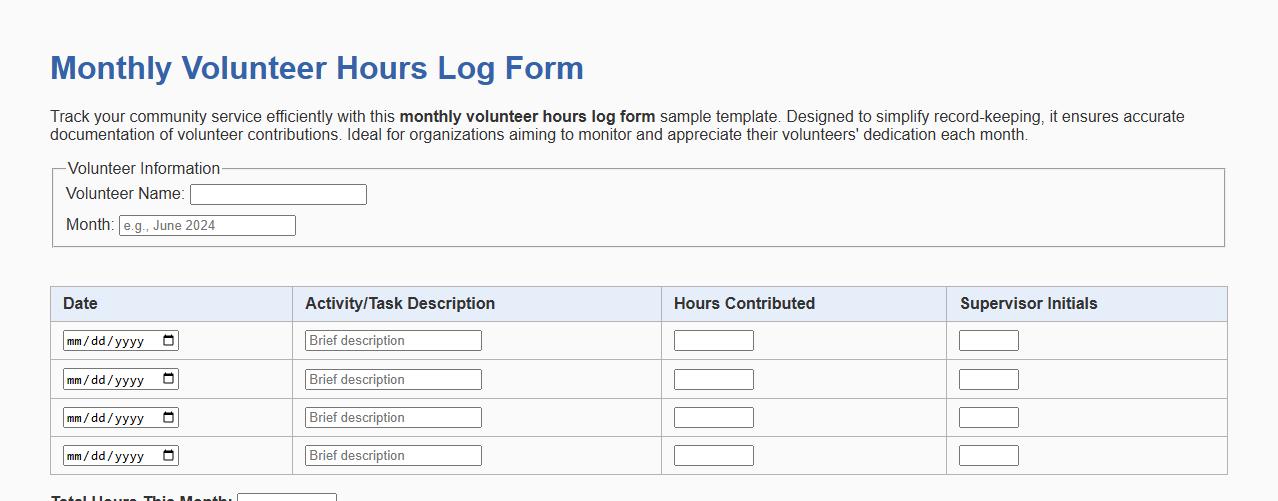 Monthly volunteer hours log form sample template image preview