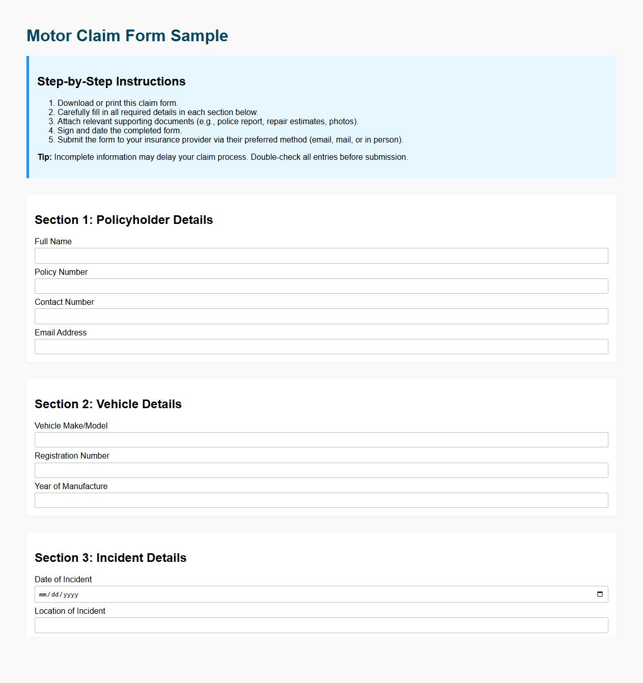 Motor claim form sample with step-by-step instructions image preview