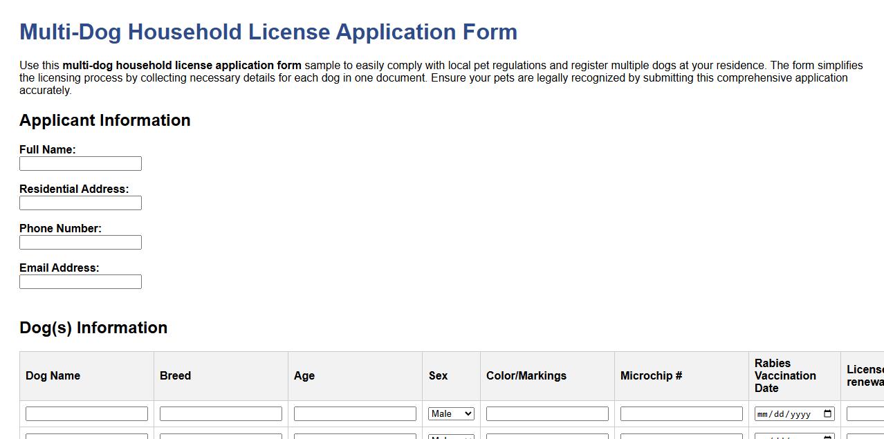 multi-dog household license application form sample image preview