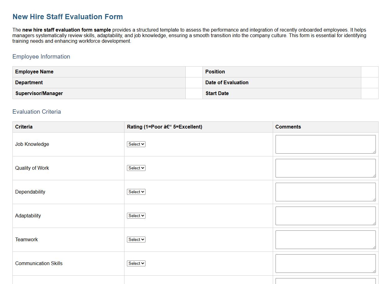 new hire staff evaluation form sample image preview