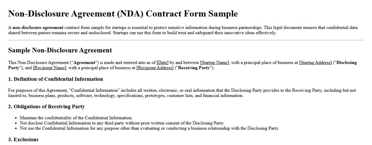 non-disclosure agreement contract form sample for startups image preview
