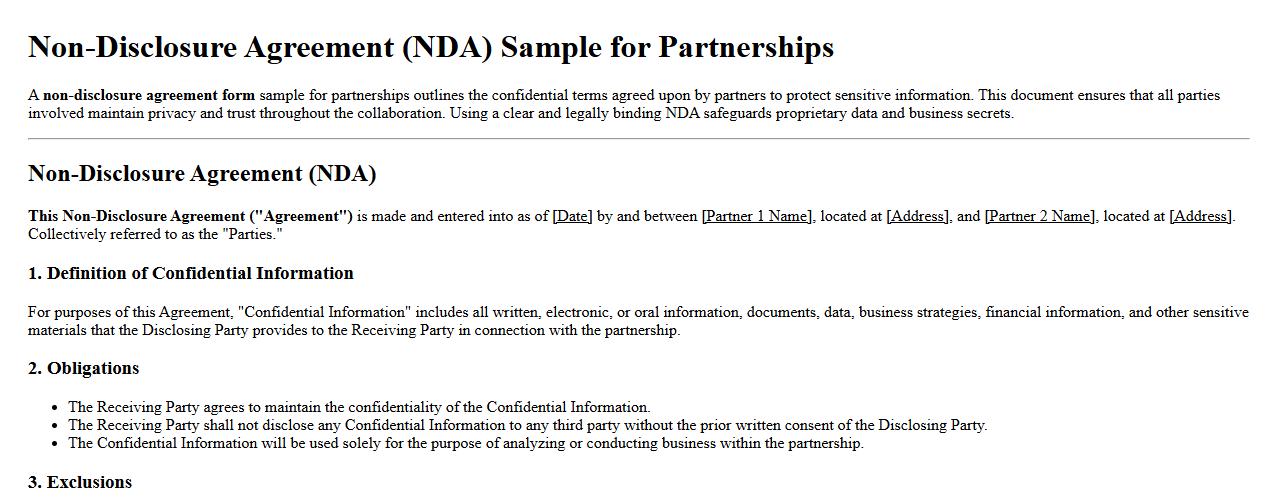 non-disclosure agreement form sample for partnerships image preview