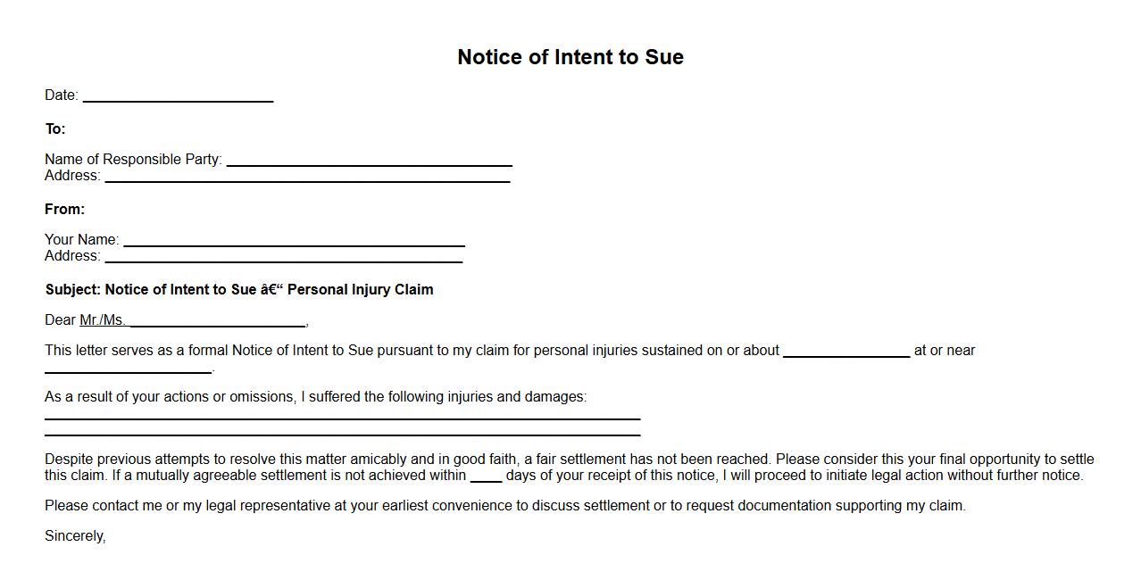 Notice of Intent to Sue template for personal injury claim image preview