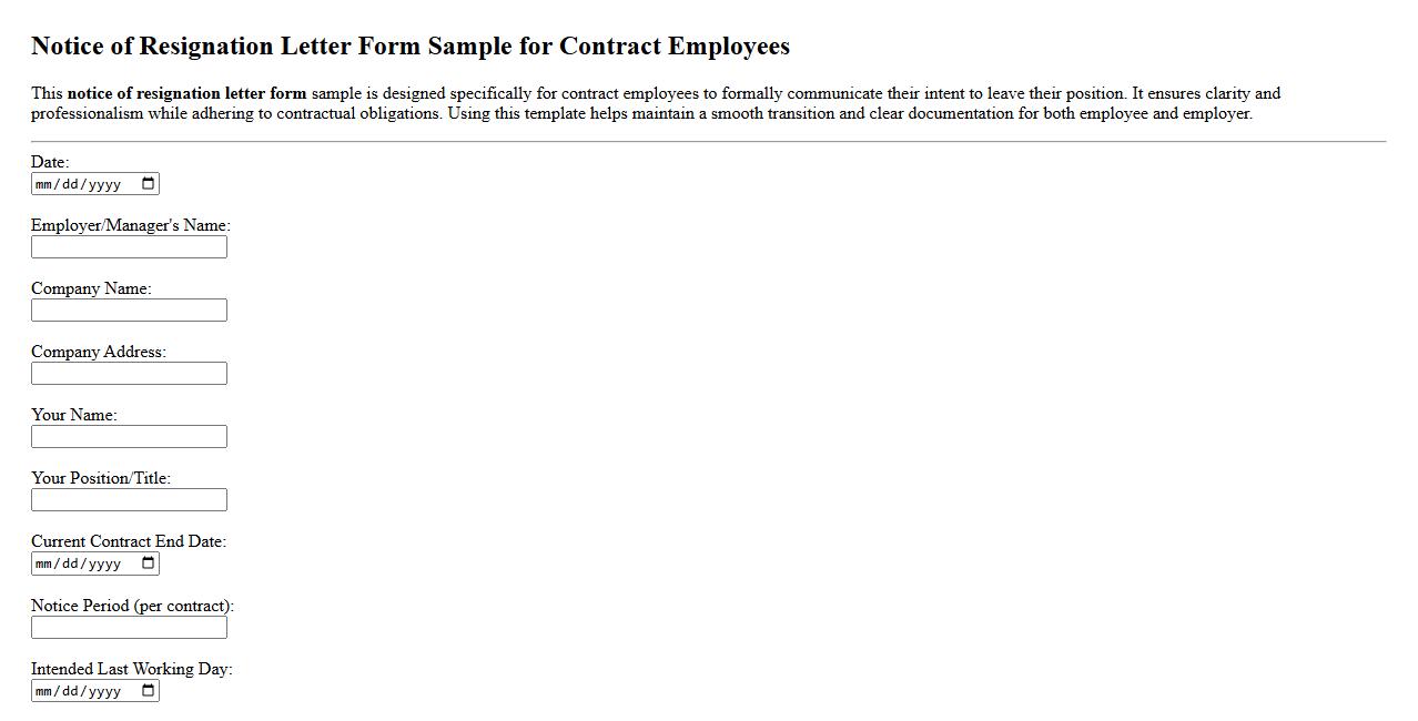 notice of resignation letter form sample for contract employees image preview
