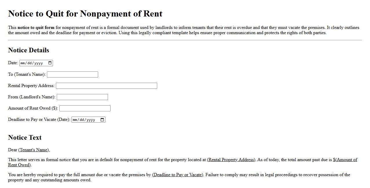 Notice to quit form example for nonpayment of rent image preview