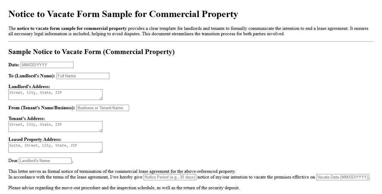 Notice to vacate form sample for commercial property image preview