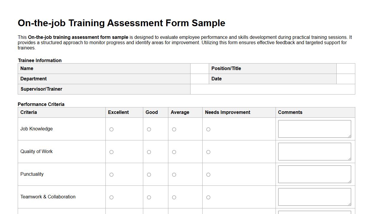 On-the-job training assessment form sample image preview