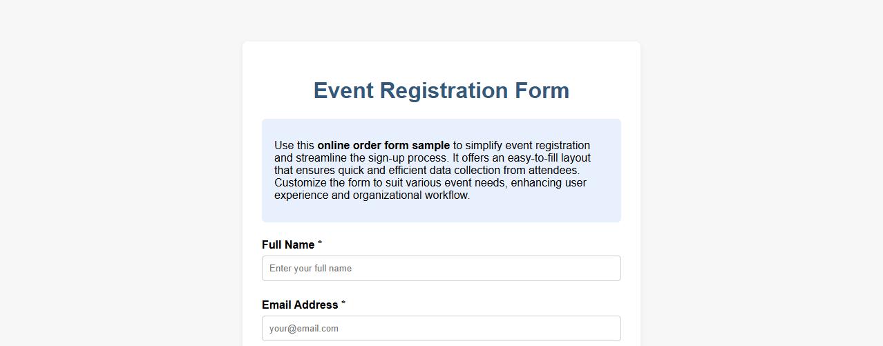 Online order form sample for event registration image preview