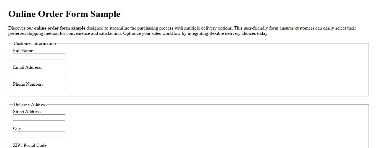 Online order form sample with multiple delivery options image preview