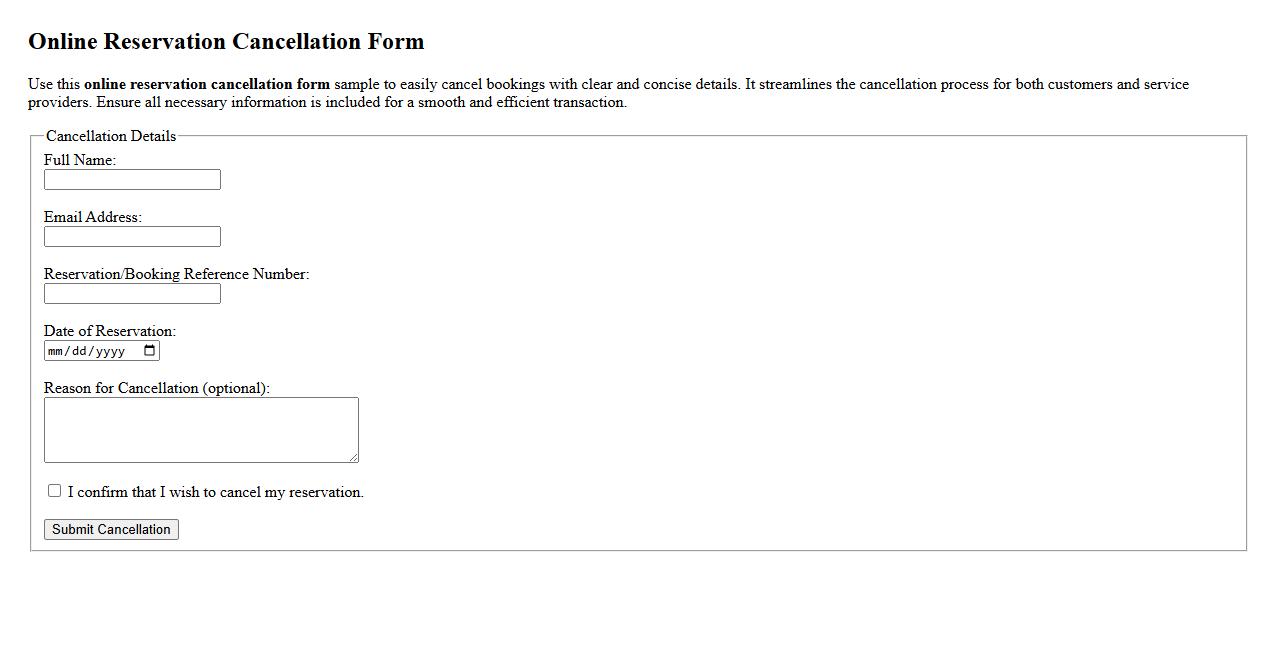 online reservation cancellation form sample image preview