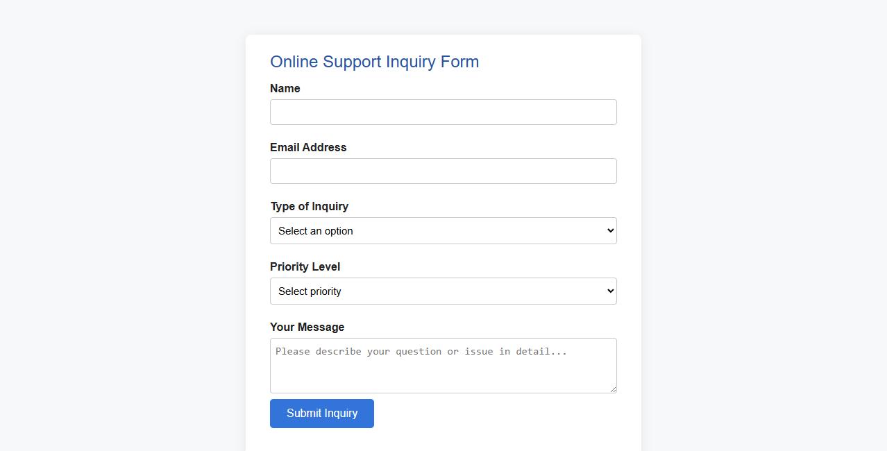 online support inquiry form sample with dropdown options image preview