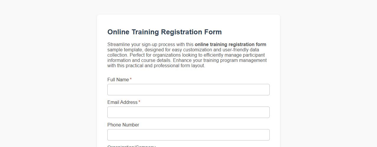 Online training registration form sample template image preview