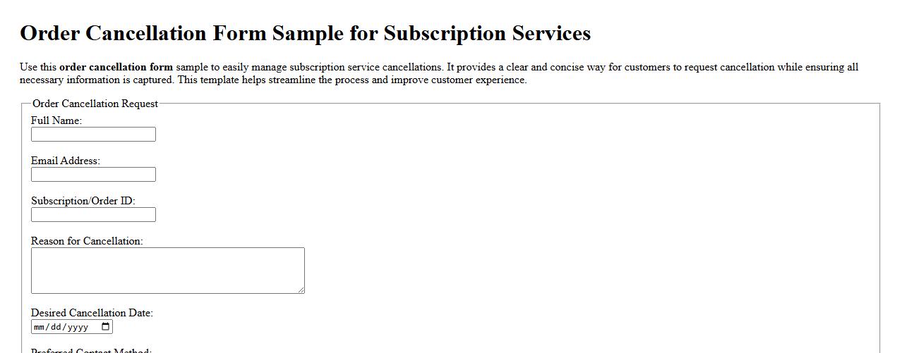 Order cancellation form sample for subscription services image preview
