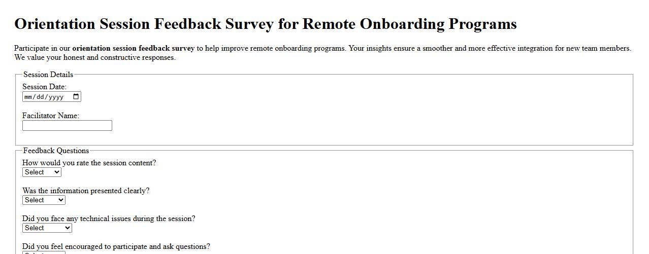 Orientation session feedback survey for remote onboarding programs image preview