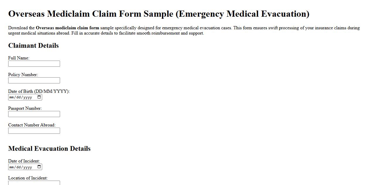 Overseas mediclaim claim form sample for emergency medical evacuation image preview