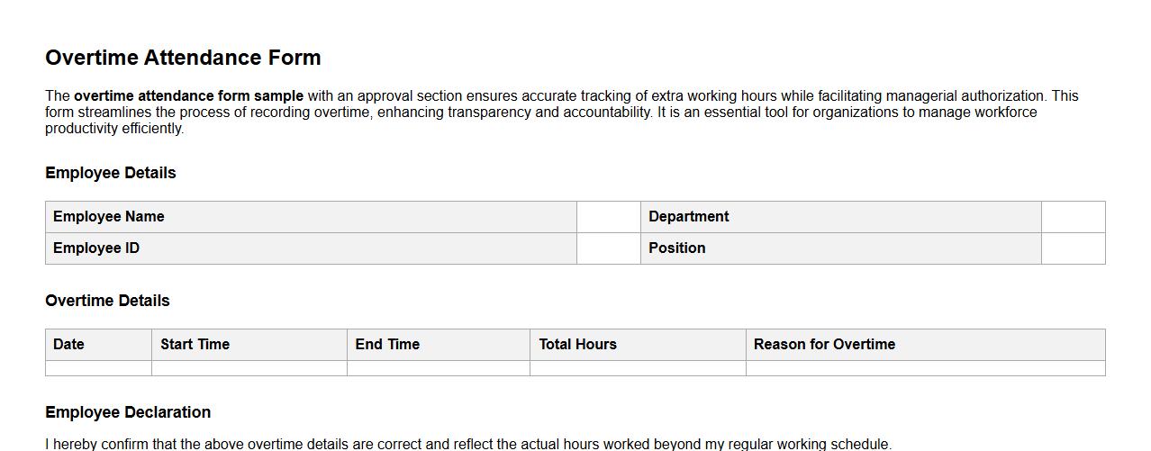 Overtime attendance form sample with approval section image preview