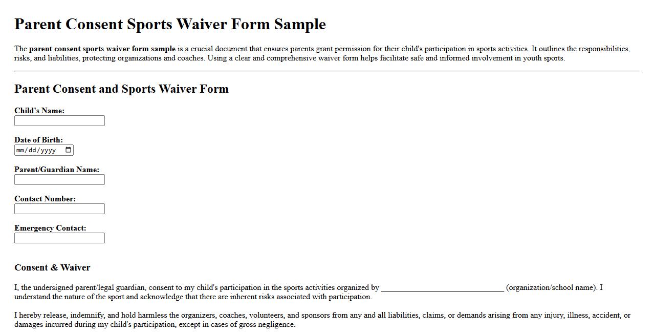 parent consent sports waiver form sample image preview