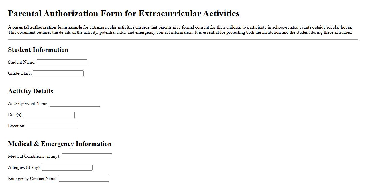 Parental authorization form sample for extracurricular activities image preview