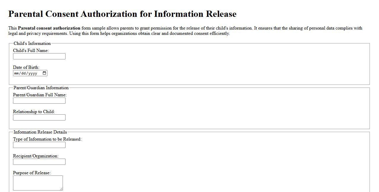 Parental consent authorization for information release form sample image preview