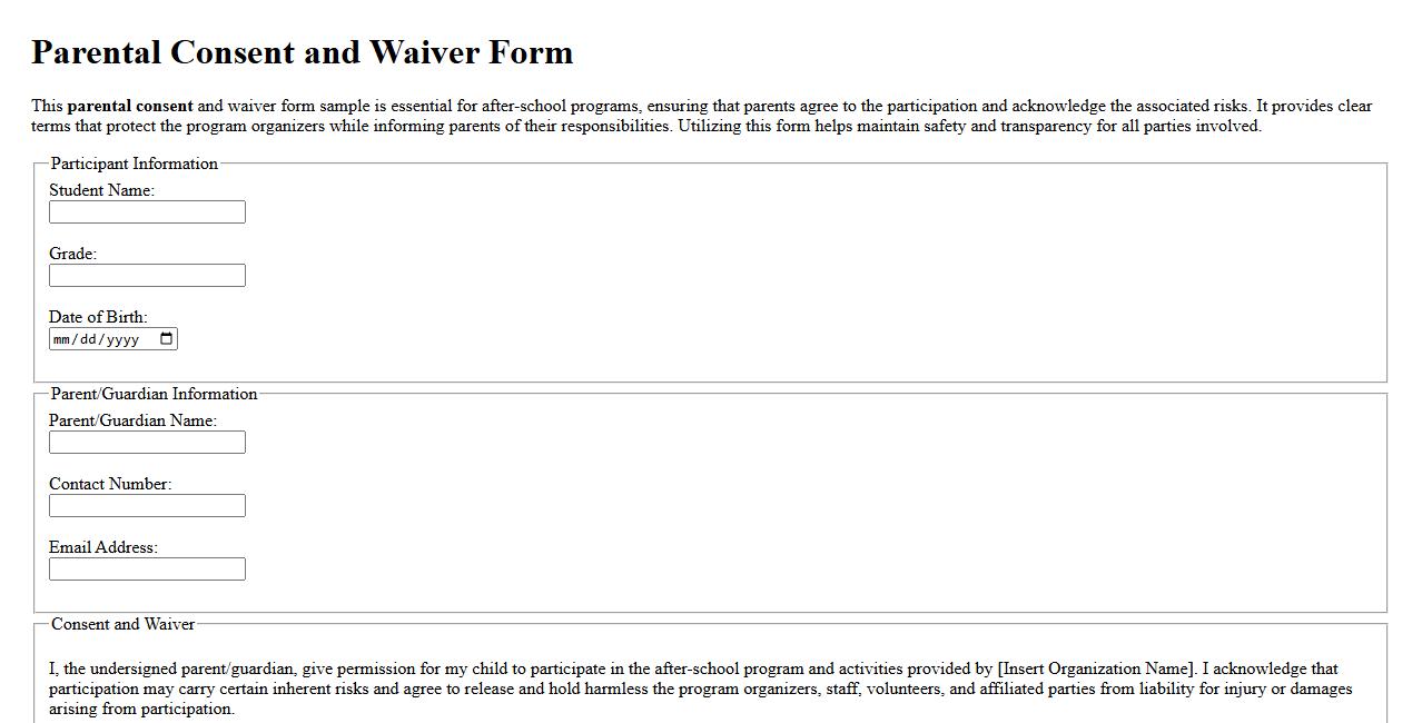 Parental consent and waiver form sample for after-school programs image preview