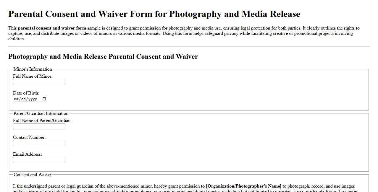 Parental consent and waiver form sample for photography and media release image preview