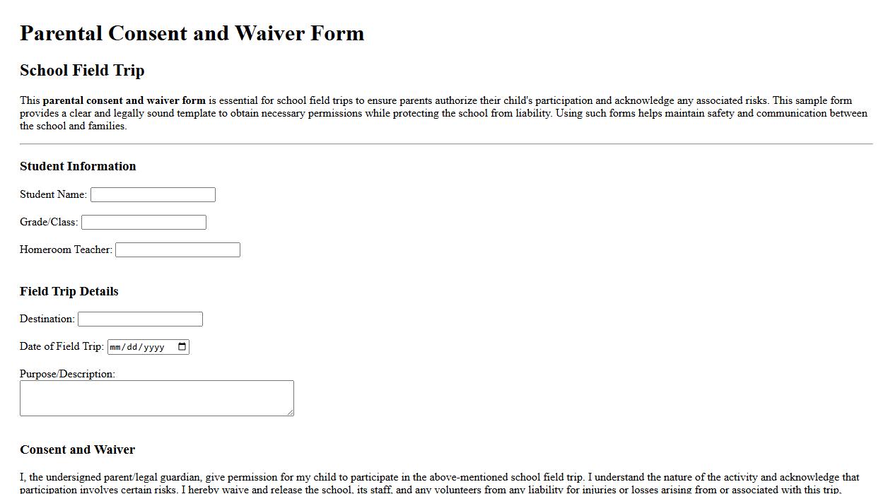 Parental consent and waiver form sample for school field trip image preview