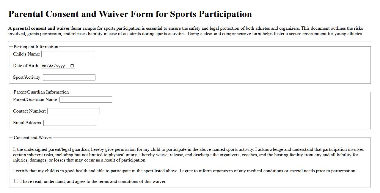 Parental consent and waiver form sample for sports participation image preview
