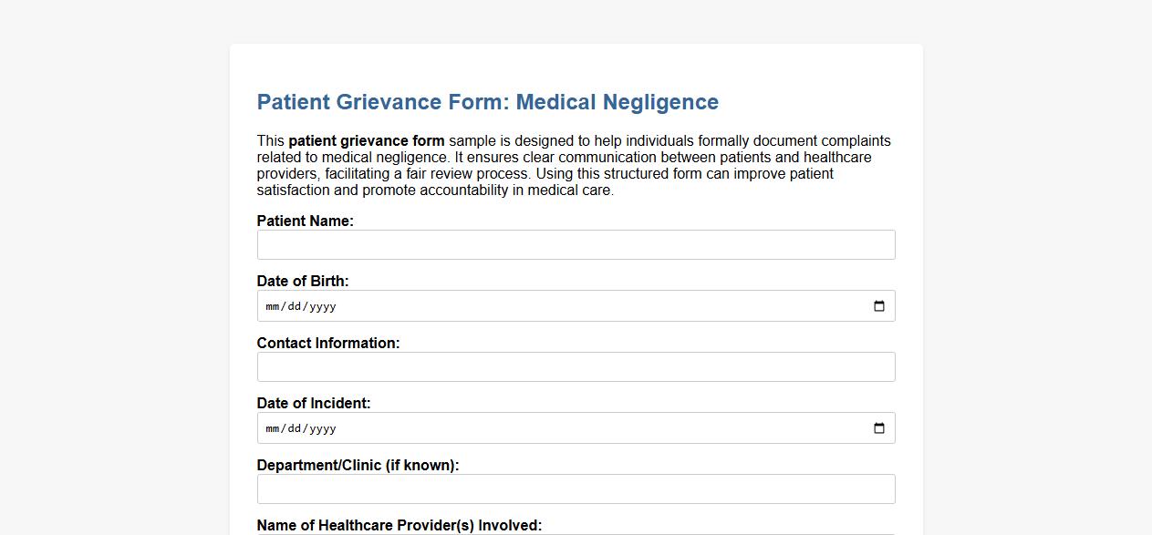 Patient grievance form sample for medical negligence image preview
