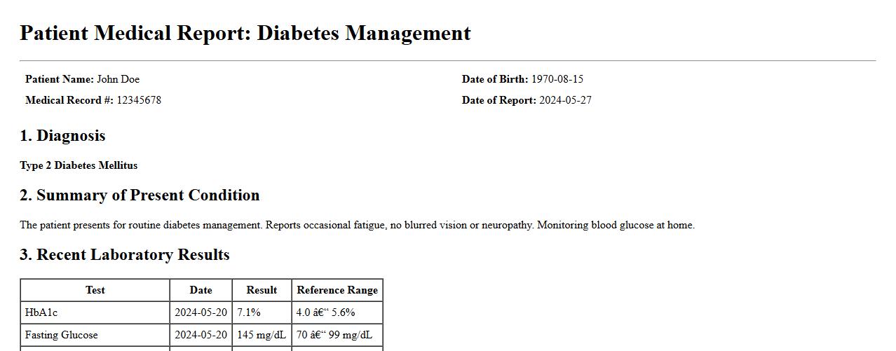 patient medical report sample for diabetes management image preview