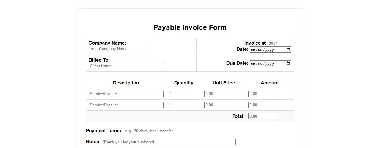 payable invoice form sample for small companies image preview
