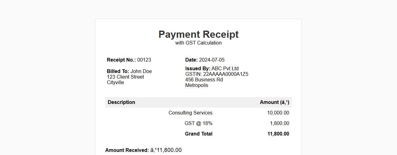 Payment receipt template with GST calculation image preview