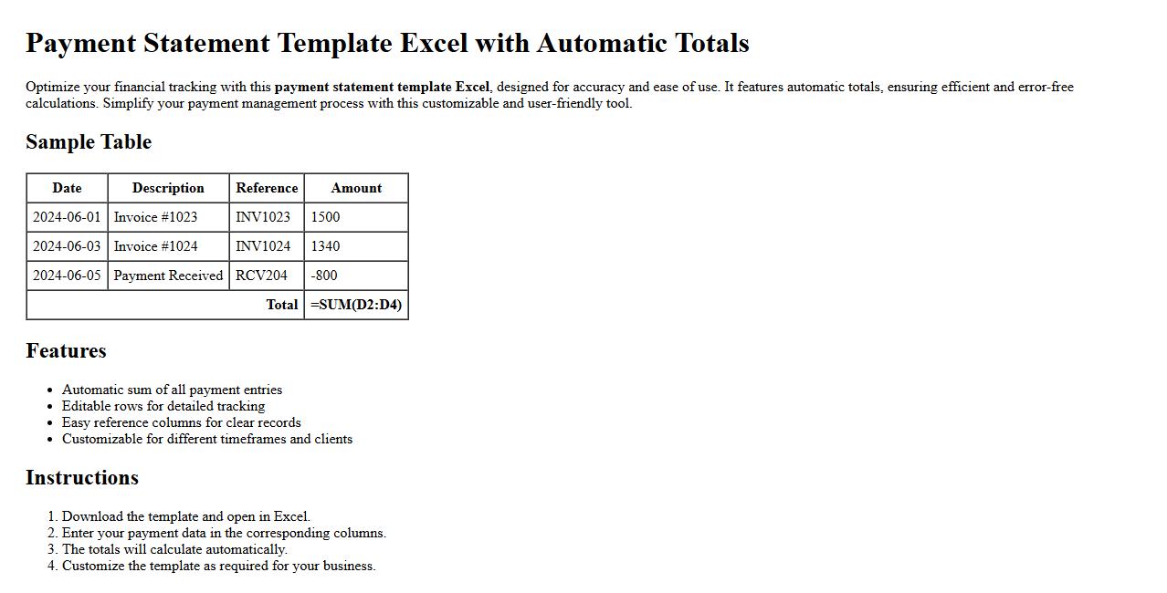 Payment statement template Excel with automatic totals image preview