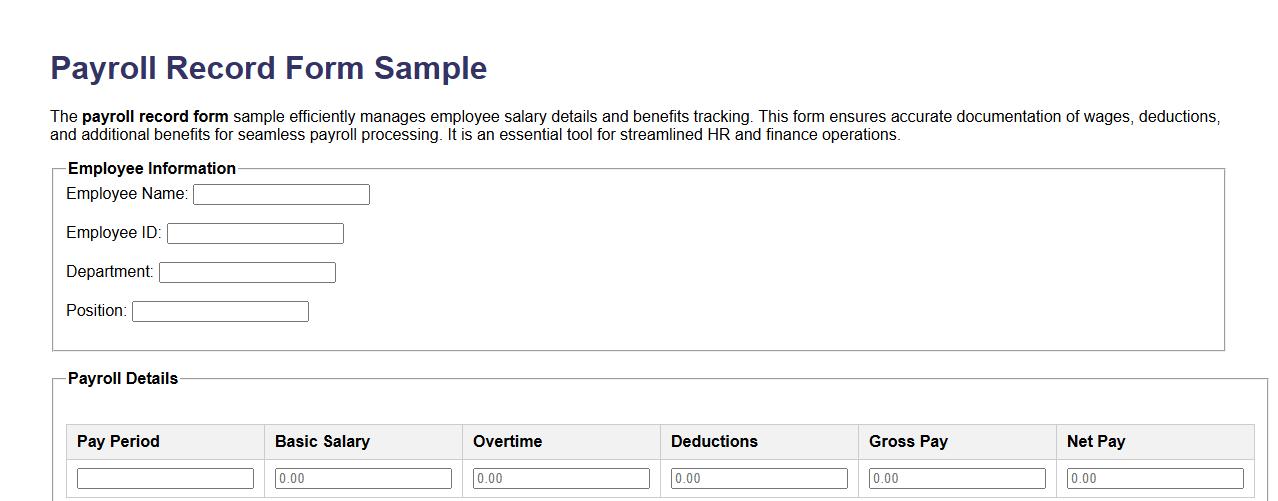 payroll record form sample including benefits tracking image preview
