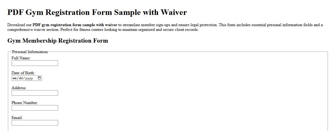 PDF gym registration form sample with waiver image preview