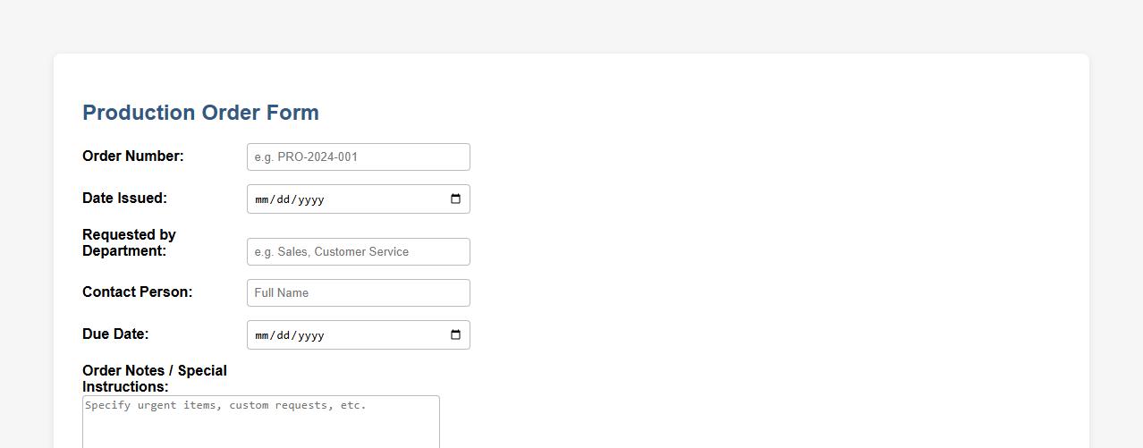 pdf production order form sample with item details image preview