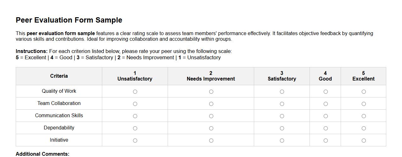 Peer evaluation form sample with rating scale image preview