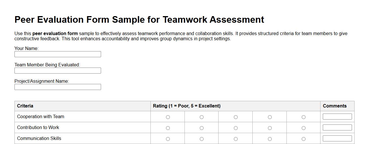 Peer evaluation form sample for teamwork assessment image preview