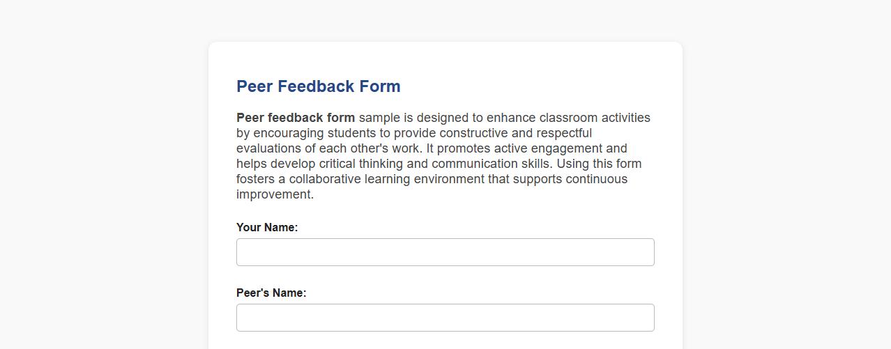 Peer feedback form sample for classroom activities image preview