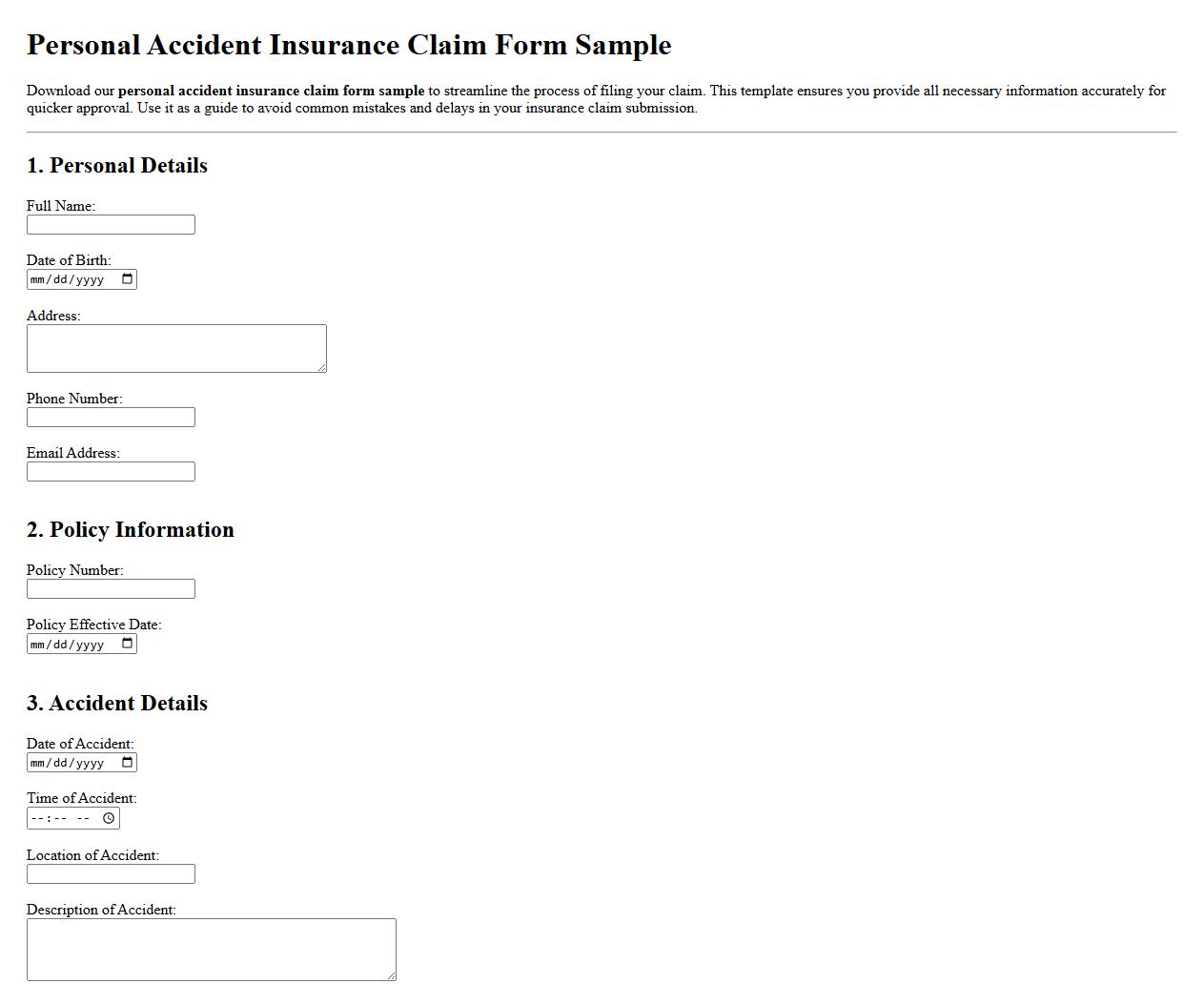 Personal accident insurance claim form sample image preview