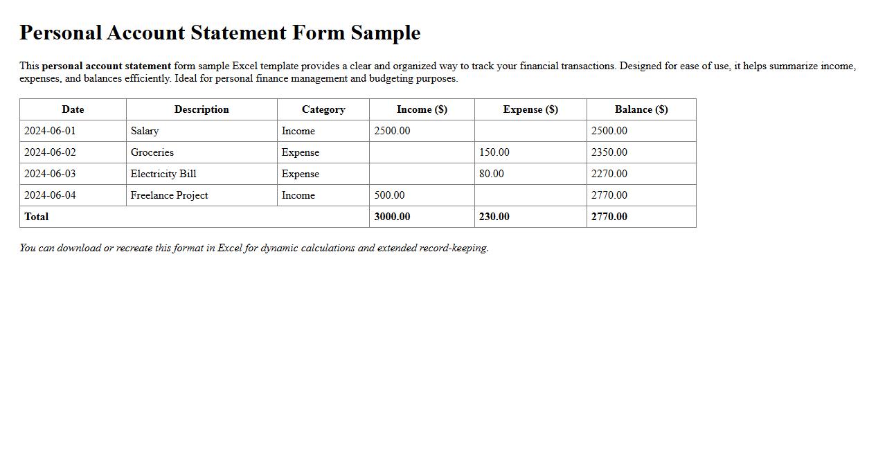 personal account statement form sample excel template image preview