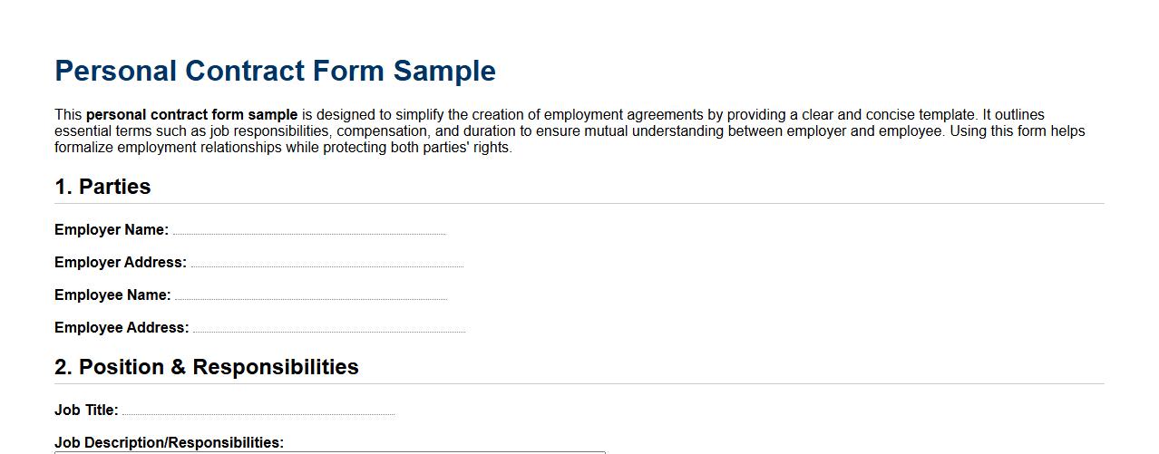 Personal contract form sample for employment agreement image preview
