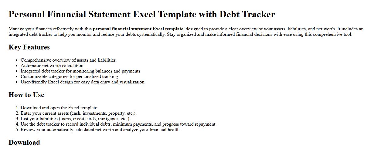 Personal financial statement excel template with debt tracker image preview